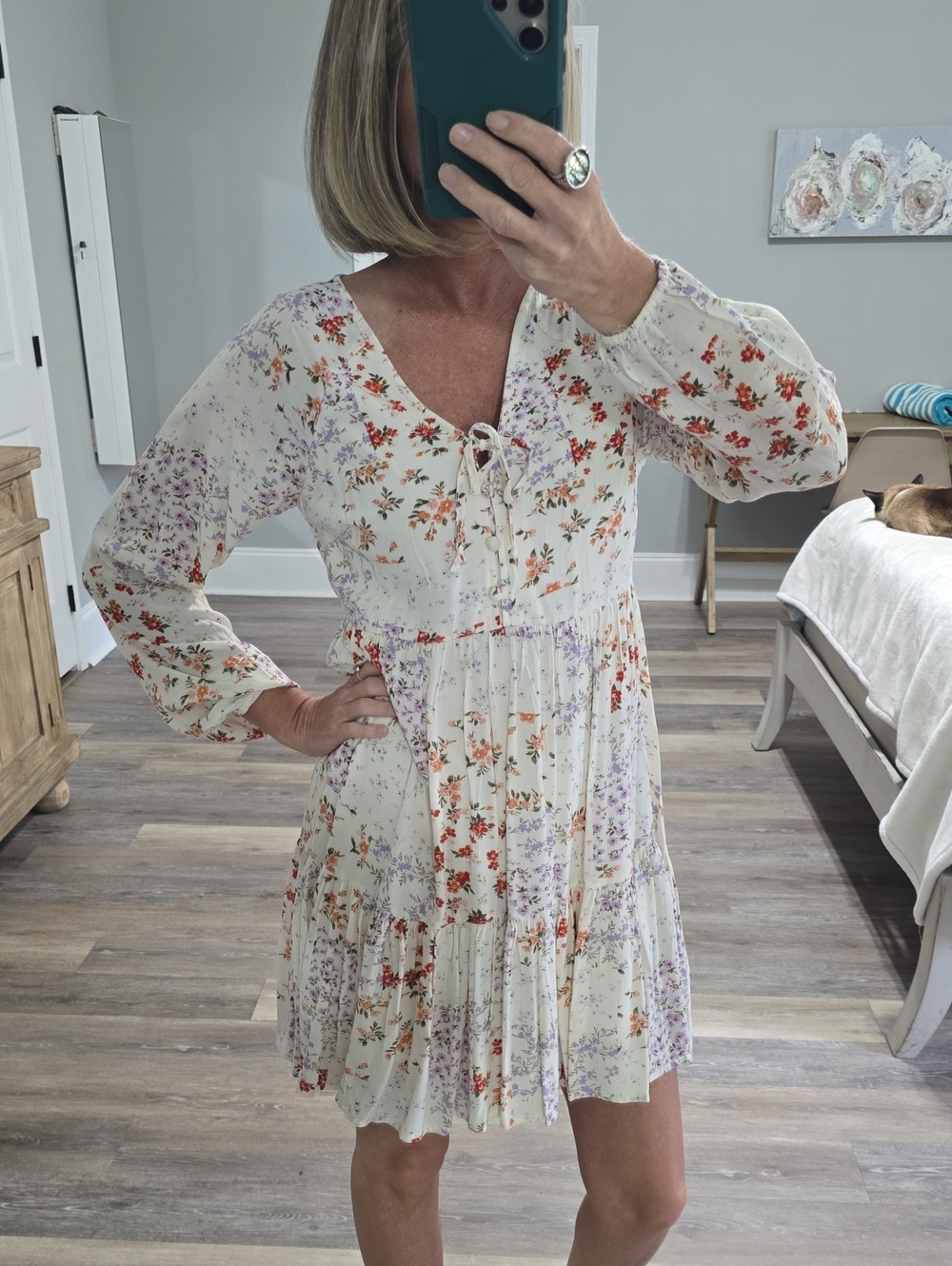 American Eagle Outfitters Cream Mini Dress with Orange & Lavender Floral Print